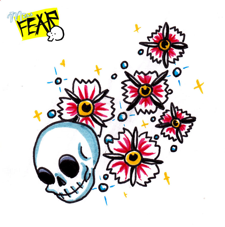 Skulls and Bachelor Buttons | Flower Tattoo